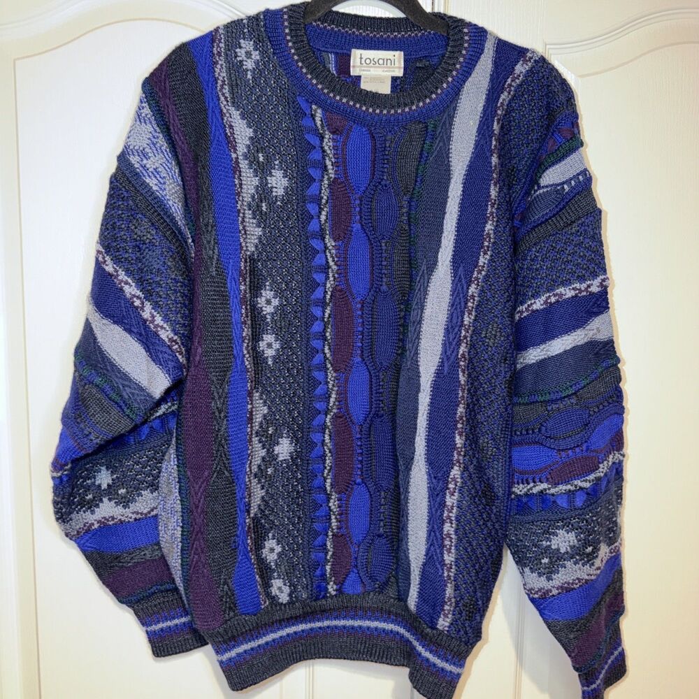 VTG Tosani Canada Men Chunky Knit Sweater Blue Gray Wool Blend Textured Abstract